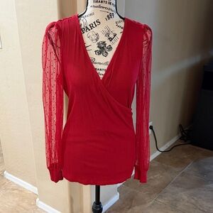 Elegant Red Wrap Top with Sheer Sleeves